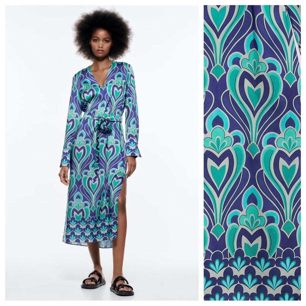 . Zara Blue/Green Satin Effect Printed Midi Dress with Belt. Size M.